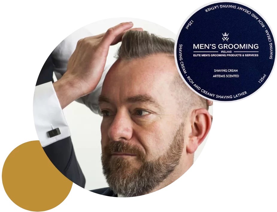 Graphic of bearded man getting hair groomed